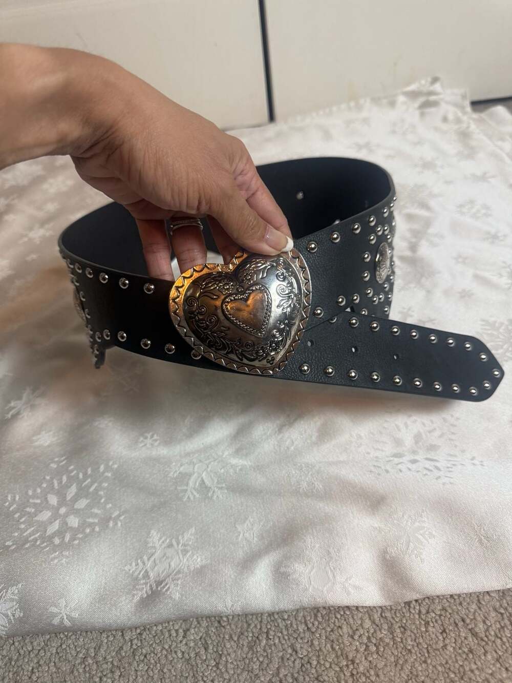 Western Heart Concho Belt M/L Black Silver Studded Scalloped Y2K Cowgirl Boho
